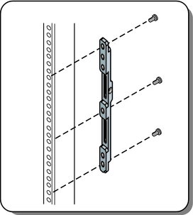 image:Fixation du support d'adaptateur avant à un rack à ouvertures rondes.