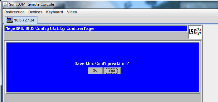image:Fenêtre MegaRaid BIOS Confirmation demandant d'enregistrer la configuration.