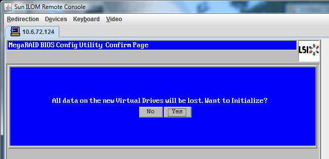 image:Fenêtre MegaRaid BIOS Confirmation demandant d'initialiser les unités de disque.