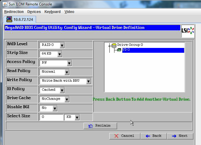 image:Captura del asistente de configuración de la utilidad de configuración de la BIOS MegaRaid - Hacer clic en Next (siguiente).