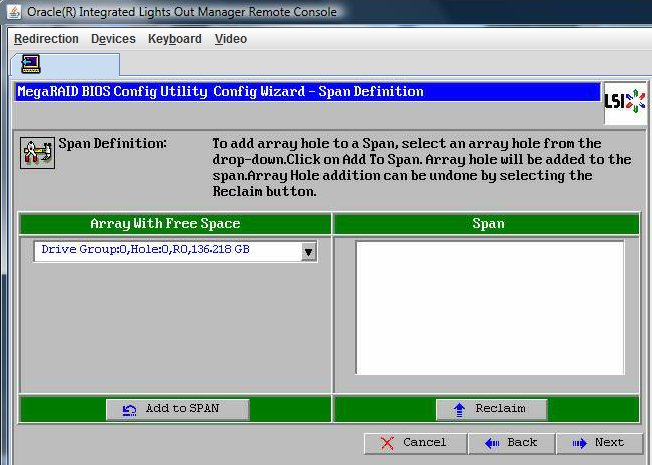 image:Captura del asistente de configuración de la utilidad de configuración de BIOS MegaRaid - Hacer clic en Add to SPAN (añadir a SPAN).