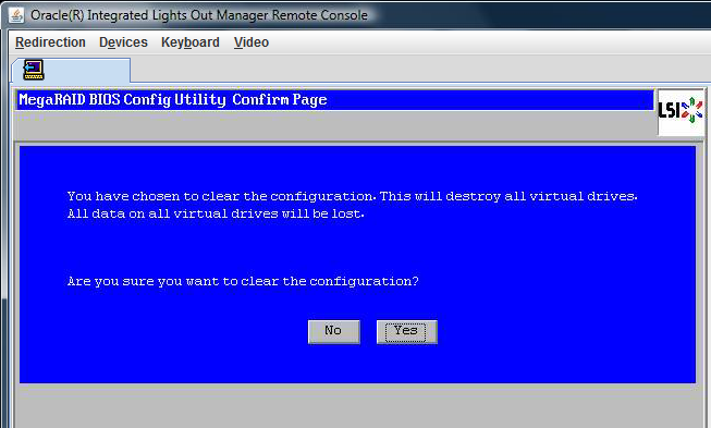 image:Captura de la solicitud de confirmación de borrado de configuración de la utilidad de configuración de BIOS MegaRaid.