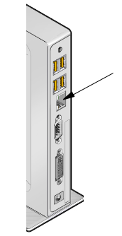 This graphic shows the back of the Sun Ray 3 Client with an arrow pointing to the Ethernet port.