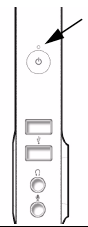 This graphic shows a partial front view of the Sun Ray 3 Plus Client. An arrow points to the power LED, located just above the soft-touch On/Off switch.