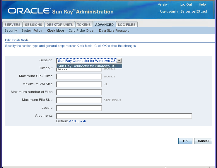 Screenshot showing the Edit Kiosk Mode screen in the SRS Admin GUI.