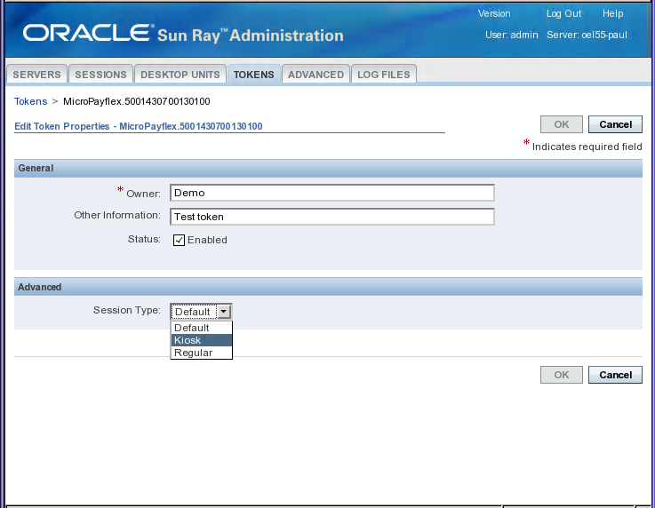 A screenshot of the Edit Token Properties screen in the Admin GUI.