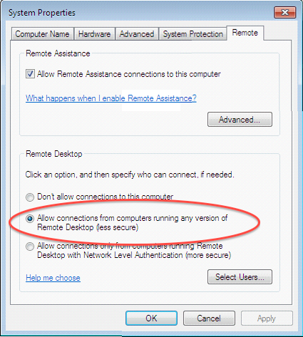 Screenshot showing the System Properties page and the selected option to enable RDP connections.
