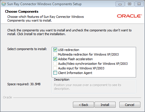 "Sun Ray Connector Windows Components Setup"（Sun Ray Connector Windows 组件安装）窗口的屏幕抓图