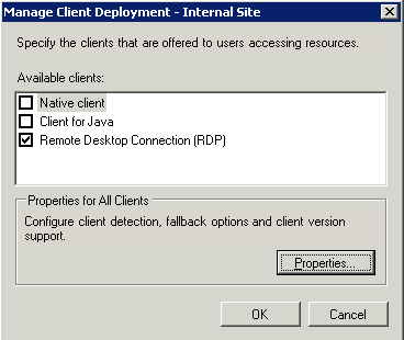 Screenshot showing the Manage Client Deployment screen with the Remote Desktop Connection (RDP) option selected.