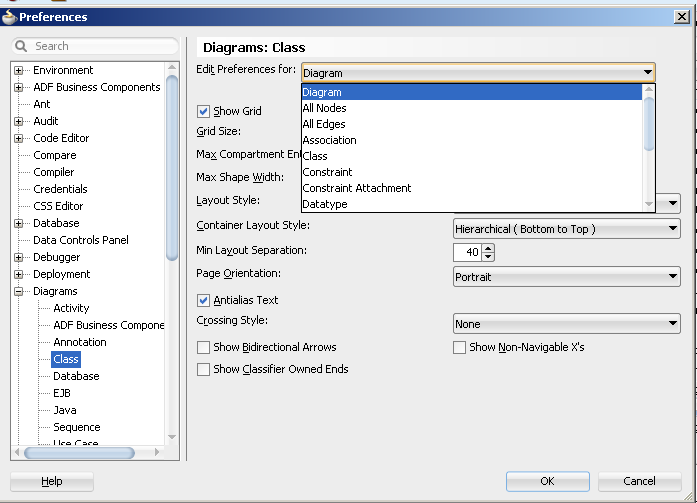 diagram preferences dialog