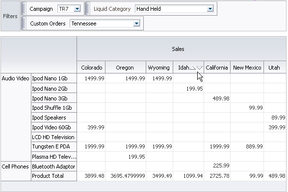 Electronic sales pivot table and pivot filter bar.