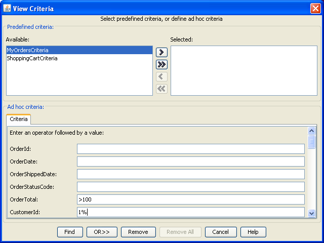 View Criteria dialog in ADF Model Tester