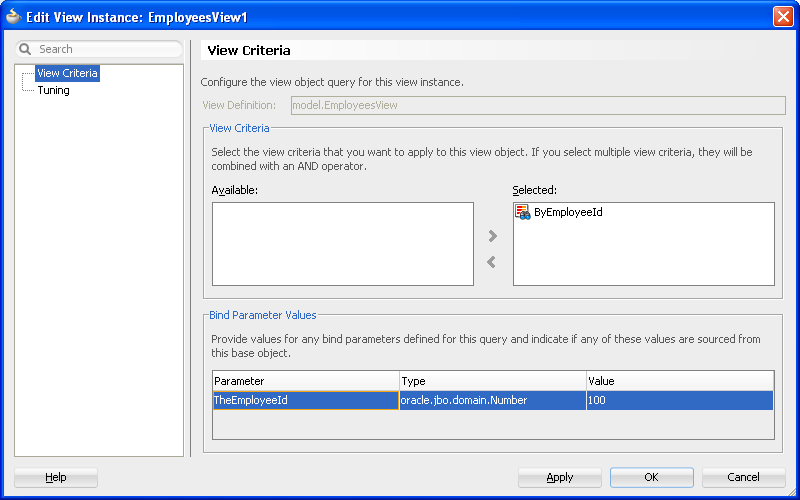 Edit View Instance dialog