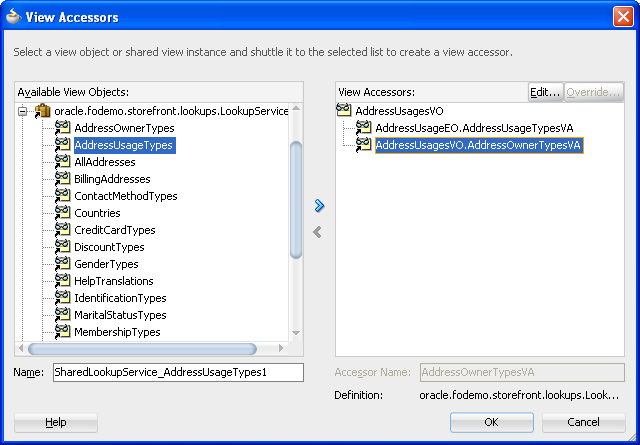 View Accessors dialog