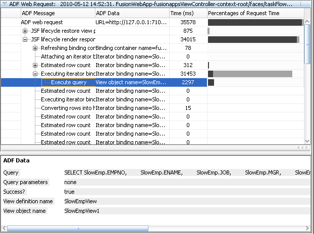 Log analyzer displays ADF event messages with ADF data