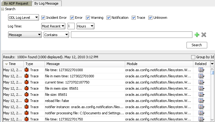 Log analyzer displays ODL log messages