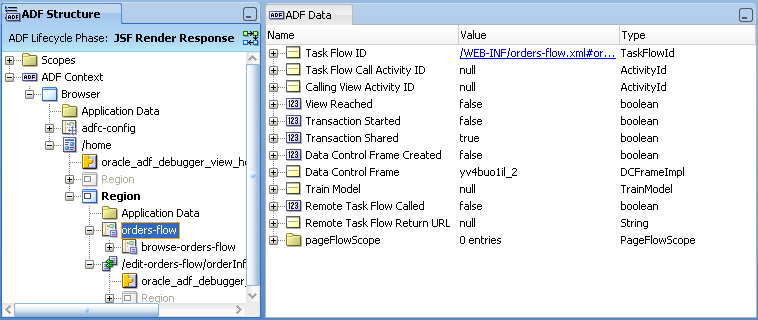 ADF Structure window and ADF Data window data