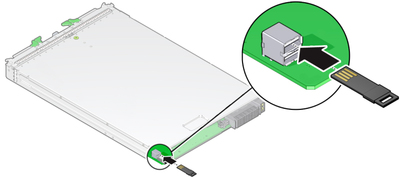 image:An illustration showing how to install a USB flash drive into the USB port on the rear of the blade.