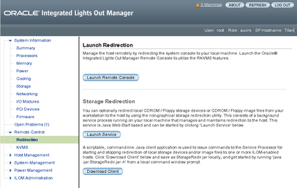 image:Example of Oracle ILOM GUI Launch Redirection screen