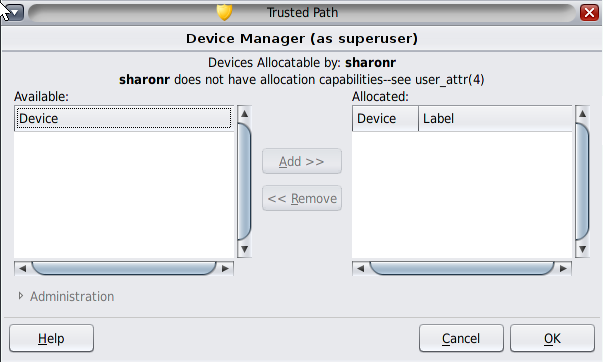image:Graphic shows that the user sharonr is not authorized to allocate any device in the global zone.
