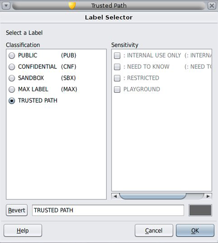 image:Screen capture shows the Classification and Sensitivity lists, the default label, and the Revert, Help, Cancel, and OK buttons.