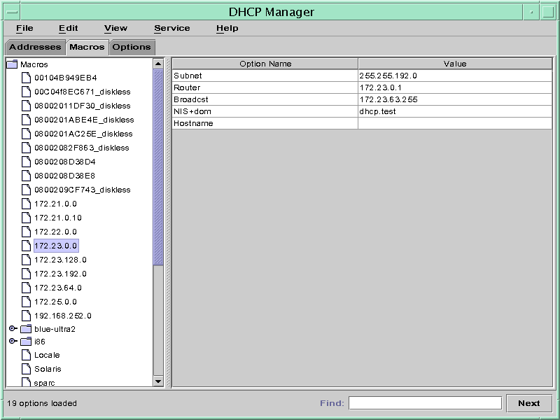 image:Macros tab shows list of macros with one macro selected. Option names and values contained in macro are shown. Find field and Next button are shown.