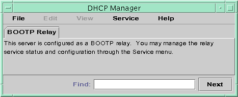 image:The window displays the BOOTP Relay tab, which tells you to manage the relay service through the Service menu.