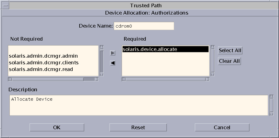 image:Device Properties: audio0 dialog box shows the default security settings for an audio device allocated by root in the global zone.