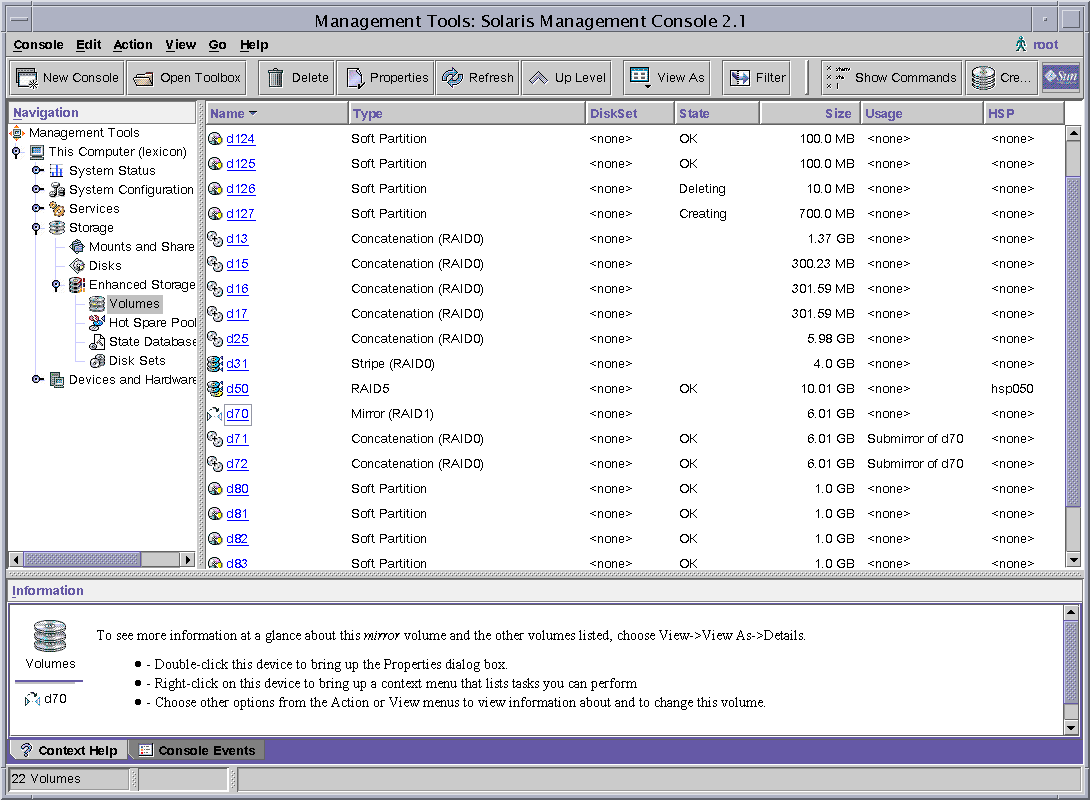 image:Screen capture shows the Enhanced Storage tool. Components are listed at the right, with the various Solaris Volume Manager tools at the left. 