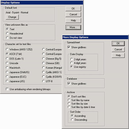 Screen images of the Display Options dialogs