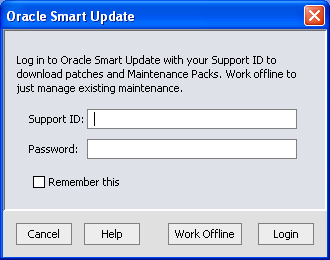 WebLogic Smart Updateにログインするためのダイアログ・ボックス