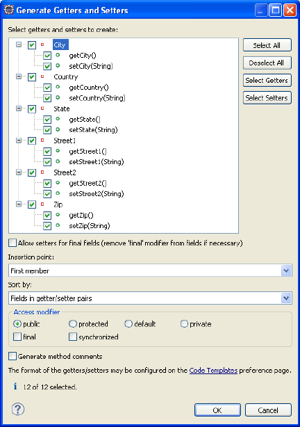 「Generate Getters and Setters」ダイアログ・ボックス
