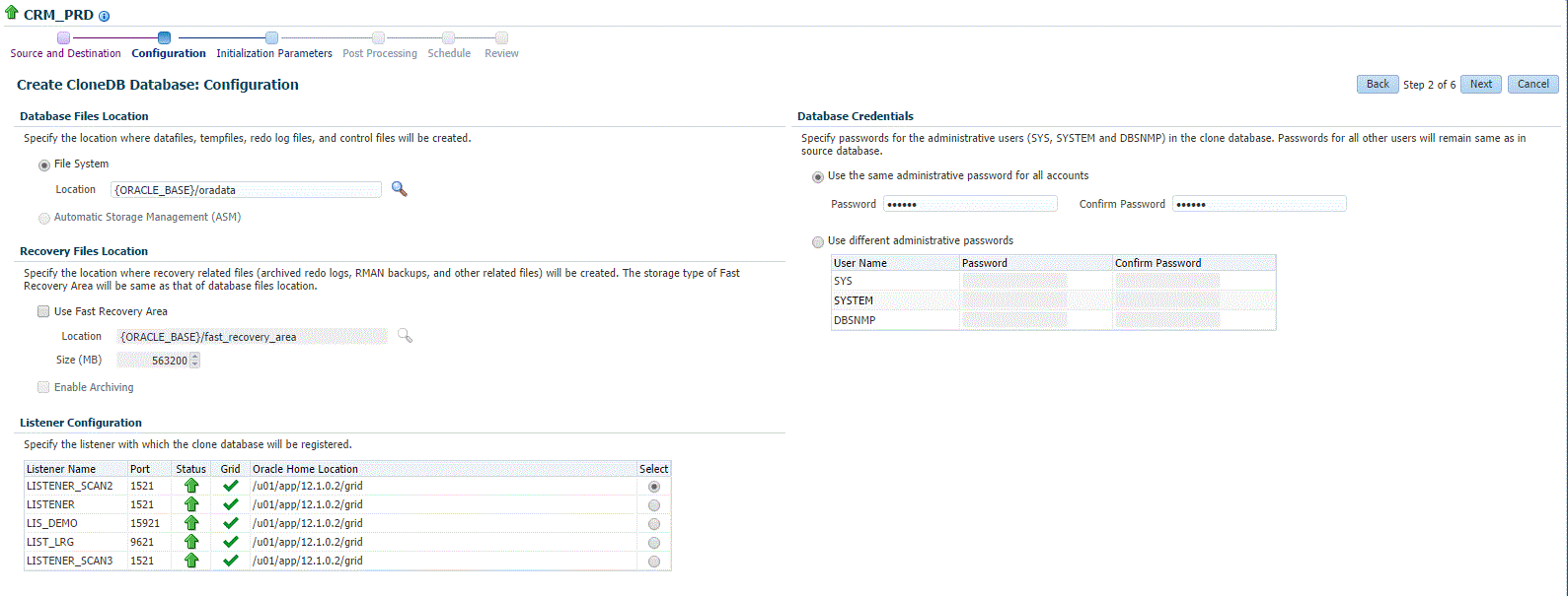 CloneDBの作成 構成ページ