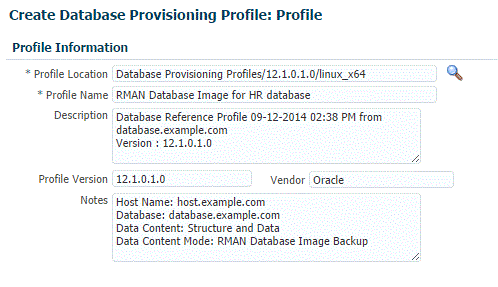 RMANデータベース・イメージのプロファイル情報ページ