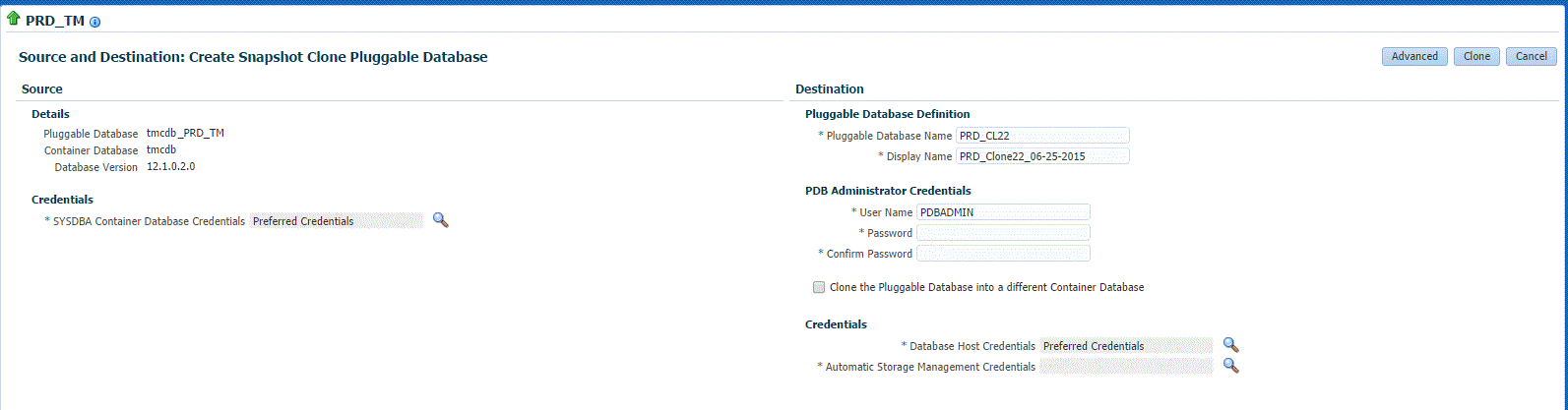 PDB Exadataスナップショット・クローン・ソース・ページ