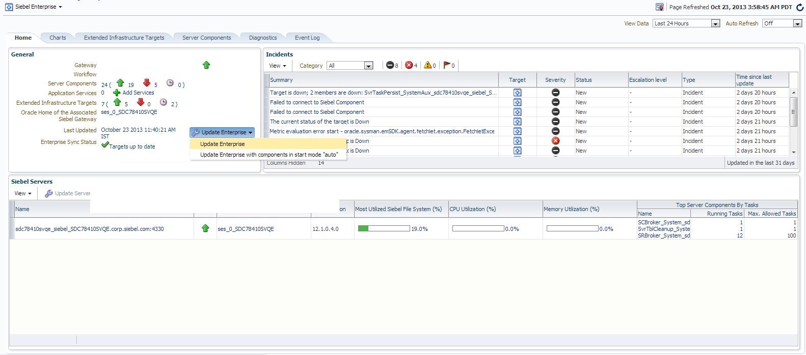Siebel Enterpriseホームページのサンプル・データを示しています。