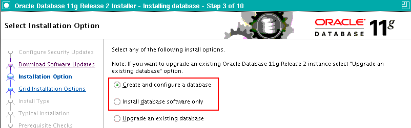 データベース・インストール・ウィザード - インストール・オプションの選択画面