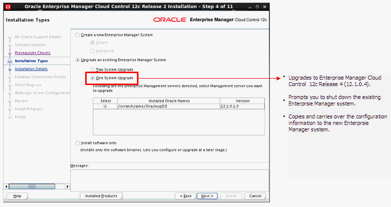 Install Screen for 1-System Upgrade Approach