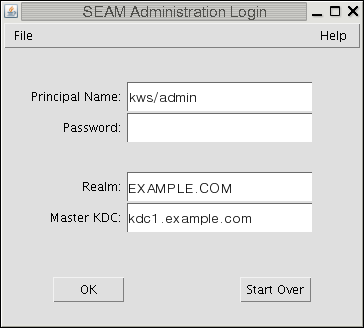 image:El cuadro de diálogo SEAM Administration Login muestra cuatro campos para el nombre de principal (Principal Name), la contraseña (Password), el dominio (Realm) y el KDC maestro (Master KDC). Muestra los botones OK y Start Over.