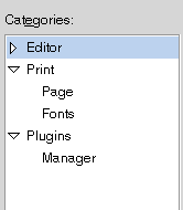 image:Árbol Categories (Categorías) del cuadro de diálogo gedit Preferences (Preferencias de gedit). Contiene tres subcategorías.