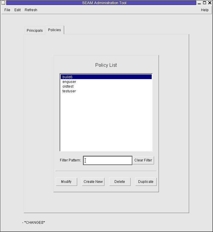 image:「SEAM Tool」というタイトルのダイアログボックスに、ポリシーの一覧とポリシーのフィルタが表示されています。「Modify」、「Create New」、「Delete」、「Duplicate」ボタンが表示されています。