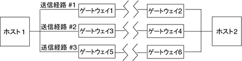 image:図は、6 つのゲートウェイを含む、ホスト 1 とホスト 2 の間の 3 つの可能な経路を示しています。