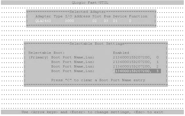 image:QLogic Corporation Inc. HBA BIOS ダイアログボックス。このダイアログボックスは FC LUN からのブートを有効にするために使用されます。