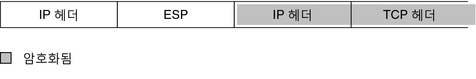 image:그림은 IP 헤더 이후와 IP 헤더 이전의 ESP 헤더 및 TCP 헤더를 보여줍니다. 마지막 두 헤더는 암호화로 보호됩니다.