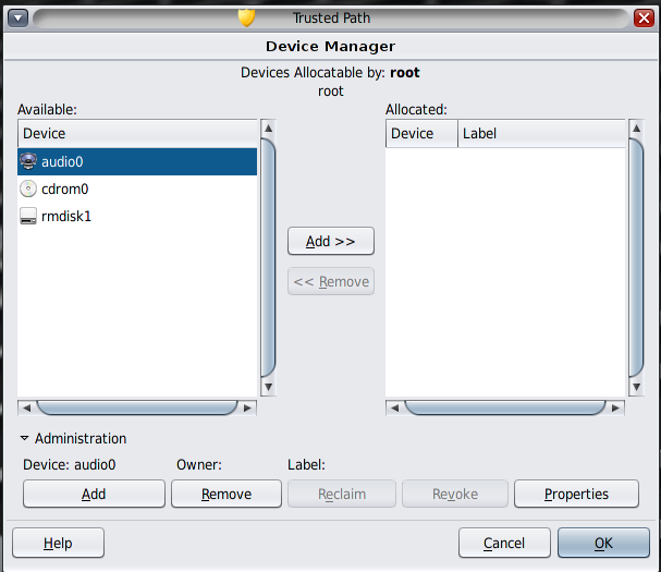 image:Device Manager(장치 할당 관리자)는 root가 사용할 수 있는 장치를 표시합니다. 왼쪽 하단의 Administration(장치 관리) 메뉴는 관리 GUI를 엽니다.