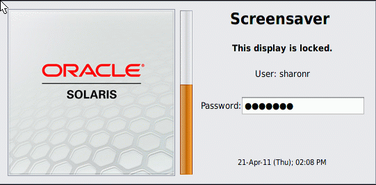 image:图形显示了 Oracle Solaris 的 "Screensaver"（屏幕保护程序）对话框，其中口令字段中已键入口令。