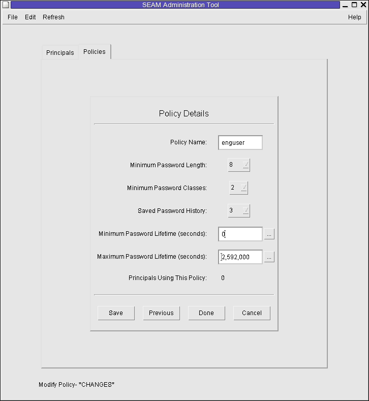 image:标题为 "SEAM Tool" 的对话框显示了 enguser 策略的详细信息。显示 "Save"（保存）、"Previous"（上一页）、"Done"（完成）和 "Cancel"（取消）按钮。