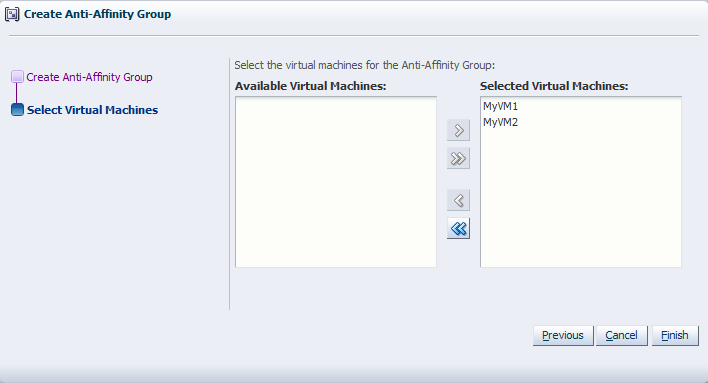 This figure shows the Select Virtual Machines step in the Create Anti-Affinity Group wizard.