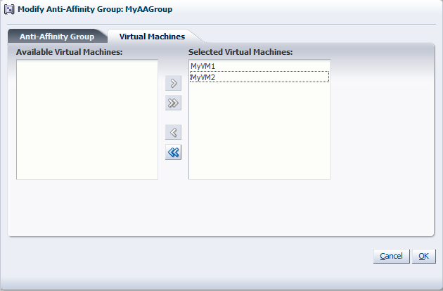 This figure shows the Virtual Machines tab of the Modify Anti-Affinity Group: group_name dialog box.