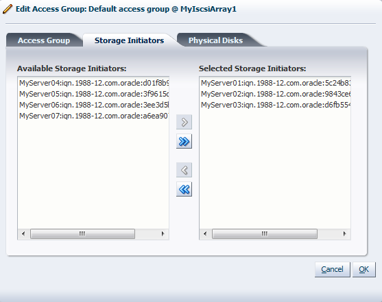 This figure shows the Storage Initiators tab in the Edit Access Group dialog box.